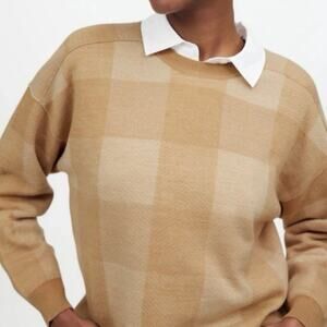 Madewell Women Merino Wool Checker Print Crew Neck Camel Pullover Sweater Small